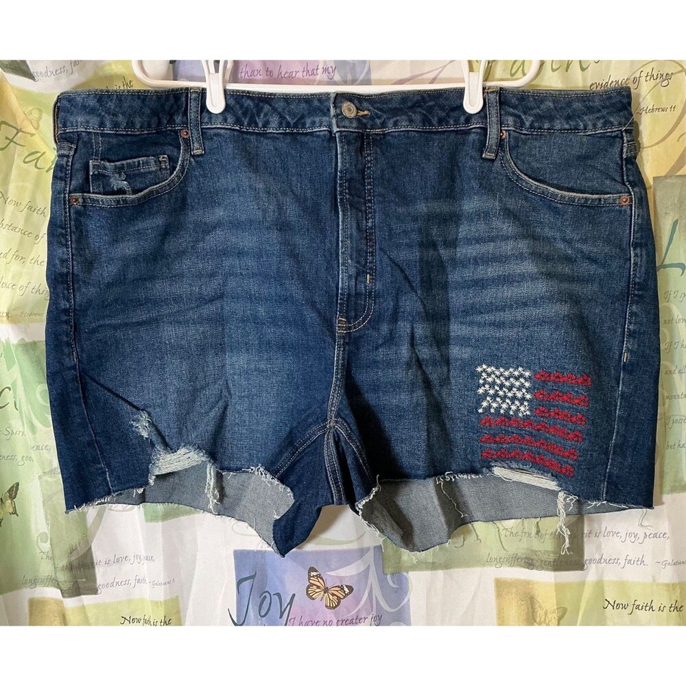 New OLD NAVY Women Blue Jeans Denim Shorts Plus Size 26W Cutoff US Flag Straight
